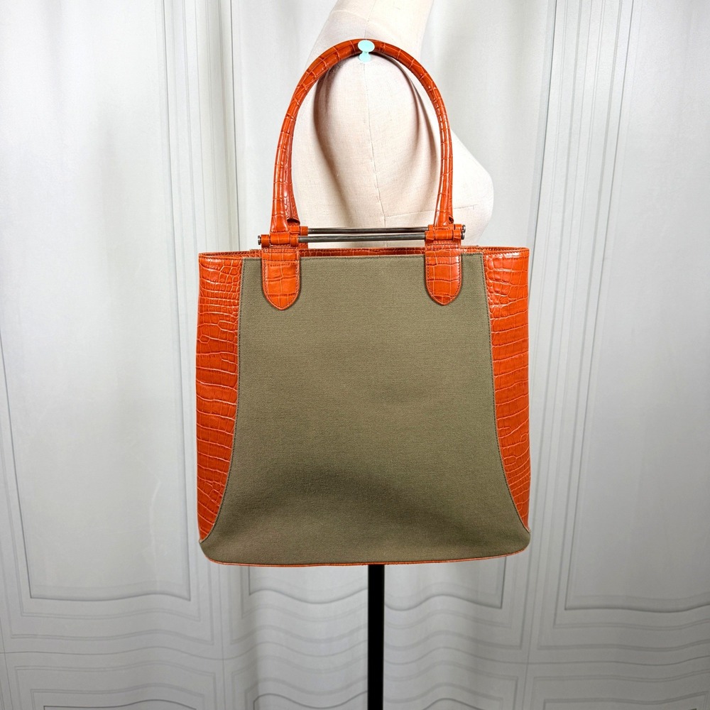 Y2K Levenger Canvas Croc Embossed Leather Tote Bag Vintage Olive Green/Cognac